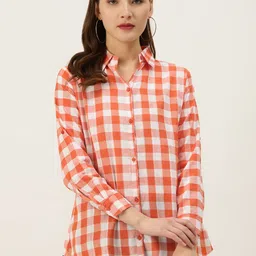 Vastraa Fusion Women Orange & White Pure Cotton Regular Fit Checked Casual Shirt-image-93