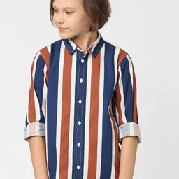 Jack & Jones Junior Boys Navy Blue Slim Fit Striped Casual Shirt-picture-58