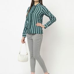 Crimsoune Club Women Green Slim Fit Striped Casual Shirt-picture-39