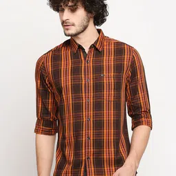 SPYKAR Men Brown & Orange Red Slim Fit Checked Pure Cotton Casual Shirt-picture-22