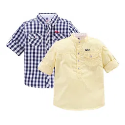 TONYBOY Boys Pack of 2 Navy Blue & Yellow Classic Gingham Checked Cotton Casual Shirts-picture-50