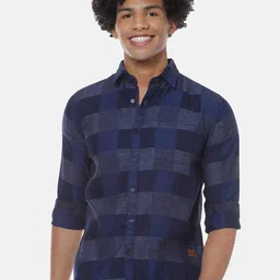 Campus Sutra Navy Blue Checked Classic Cotton Casual Shirt-image-79