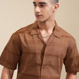 HIGHLANDER Men Cuban Collar Horizontal Stripes Self Design Cotton Relaxed Fit Casual Shirt image 1