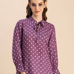 Moomaya Polka Dot  Printed Tie Up Neck Puff Sleeves Opaque Casual Shirt-picture-26