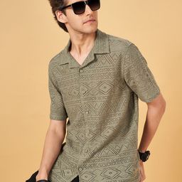 People Olive Green Relaxed Fit Geometric Self Design Cuban Collar Casual Shirt-picture-1