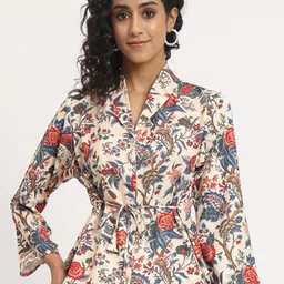 angloindu Floral Printed Shawl Collar Waist Tie-Ups Shirt Style Top-image-46