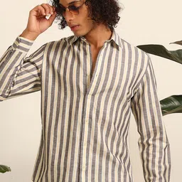 THINC Men Spread Collar Vertical Striped Linen Casual Shirt-picture-44