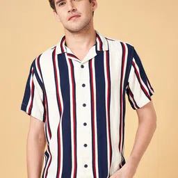 People Off White Vertical Stripes Cuban Collar Short Sleeves Casual Shirt-picture-21
