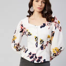 RARE Women Off White Floral Printed Shirt Style Top-image-13