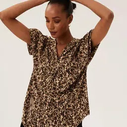 Marks & Spencer Women Beige Boxy Printed Cotton Casual Shirt-picture-25