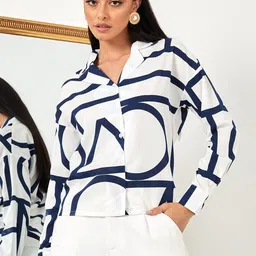 Styli White Long Sleeves Abstract Line Print Shirt-image-8