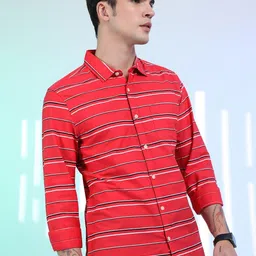 KETCH Red Slim Fit Horizontal Striped Cotton Casual Shirt-picture-37