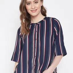 Ruhaans Women Navy Blue Classic Striped Casual Shirt-image-43