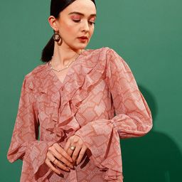 STREET 9 V-Neck Geometric Printed Shirt Style Sheer Ruffled Top-picture-32