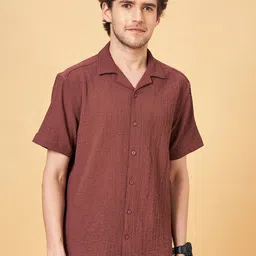 People Khaki Slim Fit Textured Cuban Collar Casual Shirt-image-64
