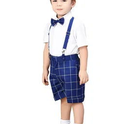 Jeetethnics Boys Navy Blue & White Shirt With Checked Shorts With Suspender & Bow Set image 3