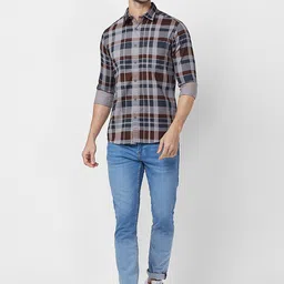 SNX Tailored Fit Long Sleeves Spread Collar Cotton Opaque Checked Casual Shirt image 4