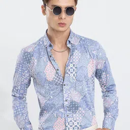 Snitch Blue Abstract Printed Button-Down Collar Classic Slim Fit Cotton Casual Shirt image 2