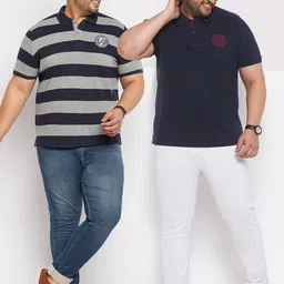 AUSTIVO Men Pack Of 2 Plus Size Striped Polo Collar Cotton T-shirt image 5