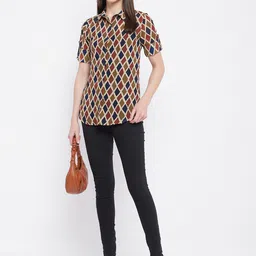 Ruhaans Women Brown & Blue Classic Printed Casual Shirt image 3