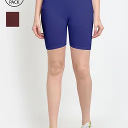GRACIT Women Pack of 2 Blue & Brown Cotton Cycling Shorts-picture-20
