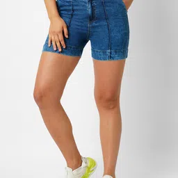 Kraus Jeans Women Slim Fit High-Rise Pure Cotton Denim Shorts-image-31