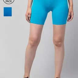 Apraa & Parma Women Pack of 2 Light Blue & Blue Slim Fit Pure Cotton Cycling Sports Shorts-picture-24