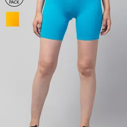 Apraa & Parma Women Pack Of 2 Blue & Yellow Pure Cotton Slim Fit Cycling Sports Shorts-picture-36