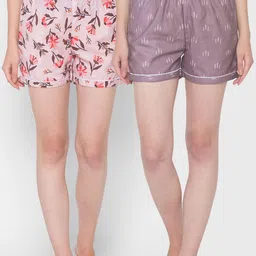 FashionRack Women Purple & Pink Pack of 2 Printed Cotton Lounge Shorts-picture-38