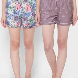 FashionRack Women Pack Of 2 Purple & Blue Printed Cotton Lounge Shorts-picture-15