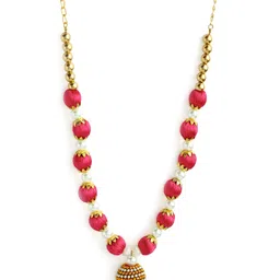 AKSHARA Gold-Toned & Pink Stone-Studded & Beaded Wooden Balls Silk Thread Jewellery Set image 3