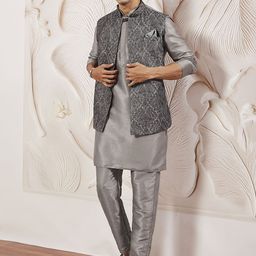 VASTRAMAY Mandarin Collar Long Sleeves Straight Kurta With Pyjama & Nehru Jacket-picture-21