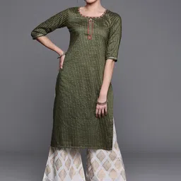 Libas Green Striped Thread Work Chanderi Silk Kurta-picture-35