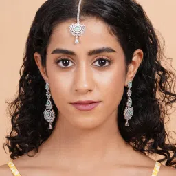 STILEADDA Green Cz Stone Silver Plated Maangtika with Pair Of Earrings-image-26