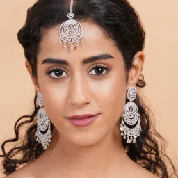STILEADDA White Cz Stone Silver Plated Maangtika with Pair Of Earrings-image-29
