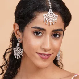 STILEADDA White Cz Stone Silver Plated Maangtika with Pair Of Earrings-image-24