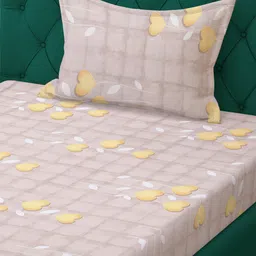 KLOTTHE Yellow Floral Printed Pure Cotton Fitted 400 TC Single Bedsheet With Pillow Cover image 2