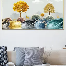 nestroots White & Mustard Landscape with Mystical Deer Canvas Framed Painting Wall Art-picture-35