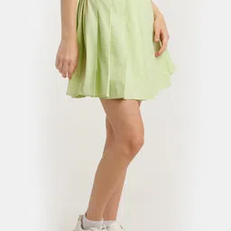 zink Z Women Green Solid Pure Cotton Mini Flared Skirts image 2
