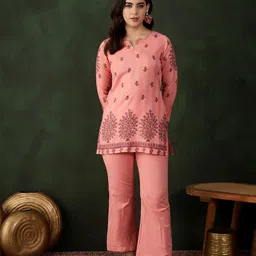 Sangria Peach Floral Self Design Round Neck Three-Quarter Sleeves Top With Trouser-picture-39