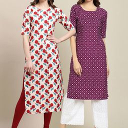 7threads KALINI Women Pack Of 2 Off White & Magenta Printed Crepe Straight Kurta-picture-8