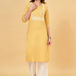 RANGMANCH BY PANTALOONS Floral Embroidered Round Neck Straight Kurta-picture-12