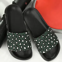 EXTRIMOS Men Olive Green & Black Printed Sliders image 1