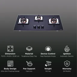 Elica FLEXI FB HCT 375 DX Toughened Glass Top 3 Burner Automatic Electric Hob (Cast Iron Grid, Black) image 3