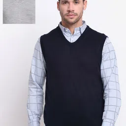 Cantabil Men Navy Blue & Grey Woolen Reversible Sweater-image-63