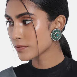 I Jewels Green Oxidised Enamelled Kundan Studded Circular Studs-picture-20