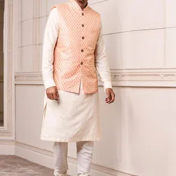 Tasva Men Orange Woven Design Jacquard Bundi Nehru Jacket image 4