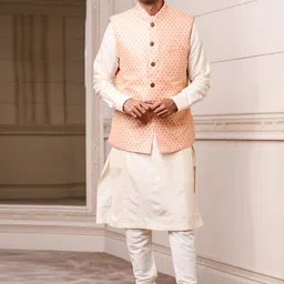 Tasva Men Orange Woven Design Jacquard Bundi Nehru Jacket image 5