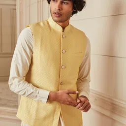 Tasva Men Yellow Self-Design Jacquard Bundi Jacket image 4