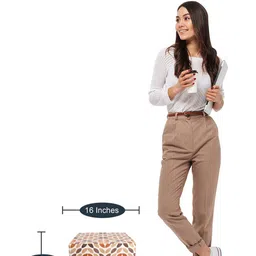 THE HOME CO. Beige & Brown Wooden Sitting Pouffe Ottoman Stool image 3